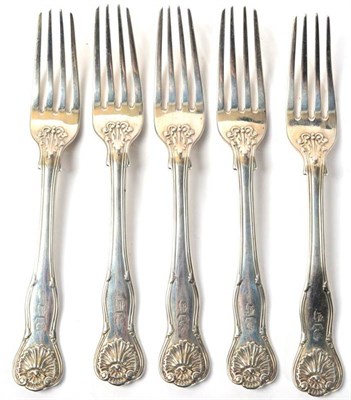 Lot 258 - A set of five William IV silver Kings Husk pattern dessert forks, London 1833, crested, 10.1ozt