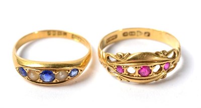 Lot 262 - An 18 carat gold sapphire and pearl ring, finger size N1/2; and an 18 carat gold ruby ring...