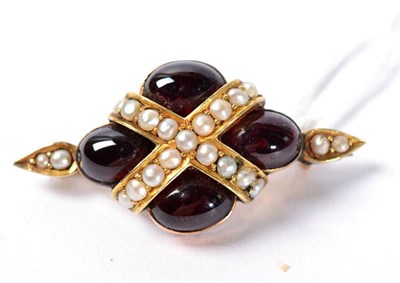 Lot 268 - A cabochon garnet and seed pearl brooch, four oval cabochon garnets crossed by a band of seed...
