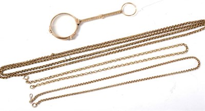 Lot 274 - A chain with clasp stamped '375'; a yellow metal chain; a gilt metal belcher chain; and a lorgnette