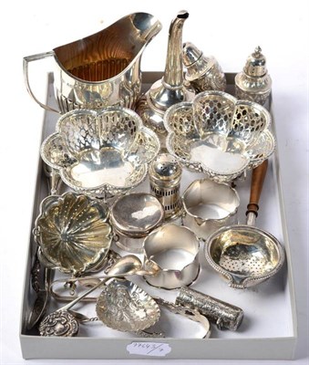 Lot 279 - Assorted silver items, to include a modern wine funnel of George III style; a part fluted cream...