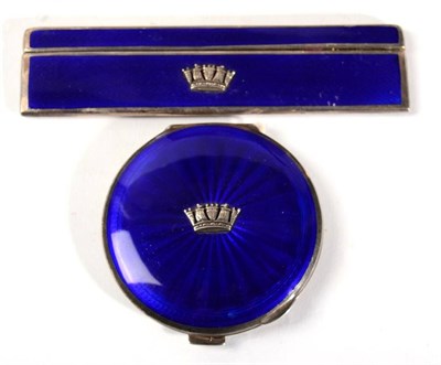 Lot 299 - A silver and blue guilloche enamel compact and comb set (some a.f.)