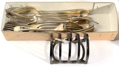 Lot 301 - A set of six George V silver table forks, two George V silver dessert forks, three Victorian silver