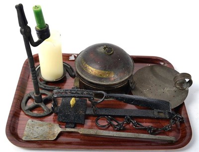 Lot 312 - A small group of antique farmhouse items including candle holders; rat trap; spice box etc