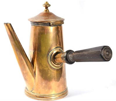 Lot 322 - A 19th century brass hot chocolate pot with turned wooden handle with presentation inscriptions