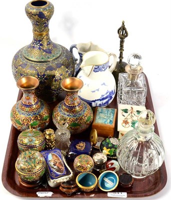 Lot 341 - Various 20th century Chinese cloisonne items; a silver mounted glass perfume bottle etc