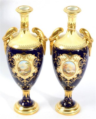 Lot 345 - A pair of Coalport twin handled vases, the central views named to base, one ''Weir Bridge'' the...