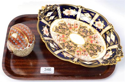 Lot 346 - A Royal Crown Derby Owl paperweight, gold stopper; and a Royal Crown Derby Imari shaped oval...