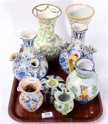 Lot 356 - A collection of Continental tin-glaze pottery including a pair of Delft blue & white tulip...