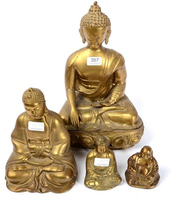 Lot 357 - Four various gilt-metal Buddhas, probably 20th century, all modelled seated, largest 38cm (4)