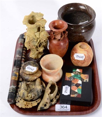 Lot 364 - A Pietra Dura paperweight, with various soapstone and other items including a pair of foliate vases