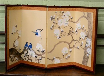 Lot 375 - A 20th century Chinese four-fold table screen, hand-painted birds and foliage, faux bamboo...