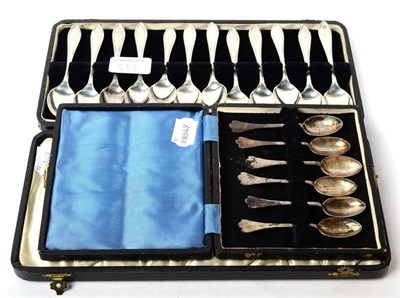 Lot 393 - A set of twelve silver Sandringham pattern teaspoons in a fitted case and a set of six silver...