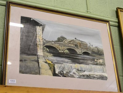 Lot 1002 - David Tindle RA (b.1932) Kendal Bridge, signed, watercolour heightened with white, 37cm by 56cm...