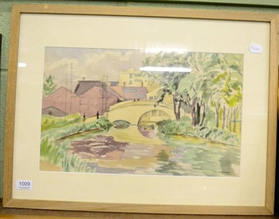 Lot 1009 - Iain Macnab (1890-1967) Figures before a bridge, signed, watercolour, 28.5cm by 46cm