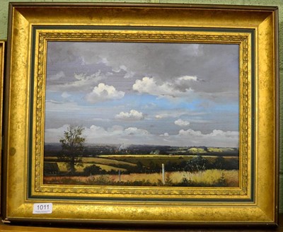 Lot 1011 - Peter Newcombe, Country landscape, signed and dated 1975, oil on canvas, 29cm by 39cm