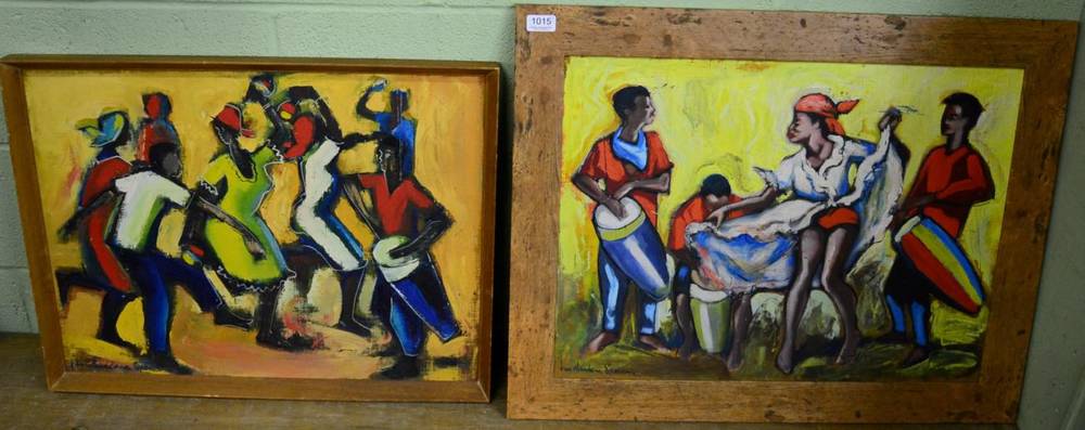 Lot 1015 - Kenneth Abendana Spencer (1929-2005) Jamaican Carnival, signed, oil on board, together with another