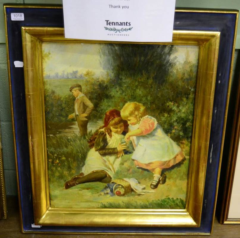 Lot 1018 - After Victor Gabriel Gilbert (1847-1933) Young anglers, children on a river bank, signed oil,...