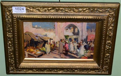 Lot 1024 - Orientalist School (early 20th century) Moorish market place, oil on board, with sketch of a...