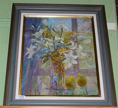 Lot 1036 - Martin Dutton (Contemporary) ''Still Life: Flowers and Fruit'', signed, inscribed verso, oil on...
