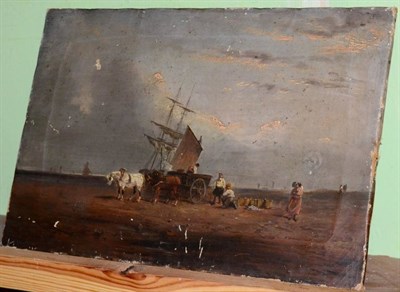 Lot 1039 - Follower of Richard Parkes Bonnington, Unloading the catch at low tide, oil on canvas,...