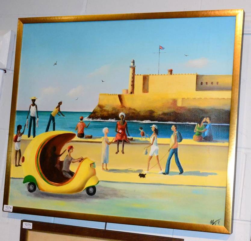 Lot 1074 - Caribbean School (20th century) Figures on a promenade, indistinctly signed, oil on canvas