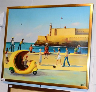Lot 1074 - Caribbean School (20th century) Figures on a promenade, indistinctly signed, oil on canvas