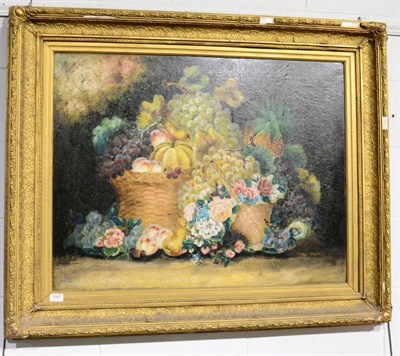 Lot 1081 - British School (19th/20th century), Still life with flowers, assorted fruits and foliage,...