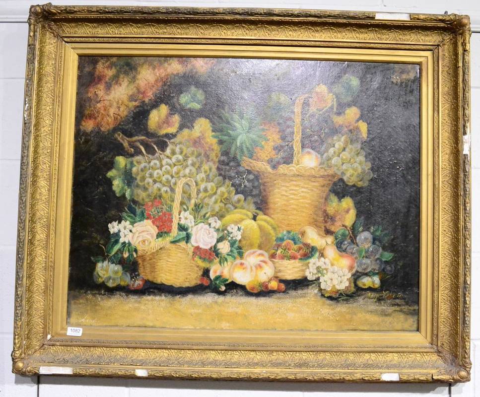 Lot 1082 - British School (19th/20th century), Still life with peaches, grapes, roses and pineapple,...