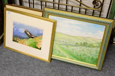 Lot 1086 - Colin Wood, Muker Meadows landscape, acrylic on canvas; together with further watercolours by...
