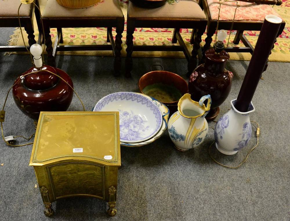 Lot 1087 - A selection of items comprising of a coal scuttle; a brass pan; two moden table lamps and two...