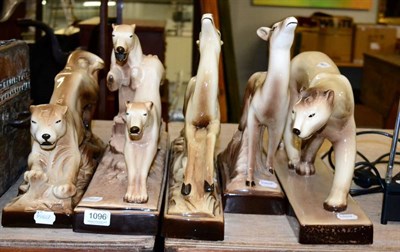 Lot 1096 - Five Saint Radagonde Art Deco pottery models two of deer, two of big cats and one of running...