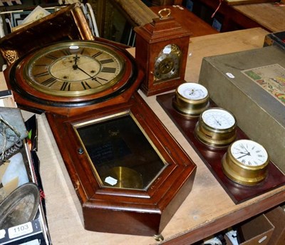 Lot 1104 - A mahogany cased drop dial wall clock; a mantel clock and a barometer