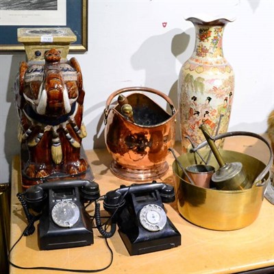 Lot 1130 - A pottery elephant garden seat; a Japanese vase; a copper coal bucket; a jam pan; ring dial...
