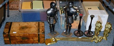 Lot 1141 - A Victorian walnut writing slope; a group of brass fire tools with ball and claw handles; a pair of