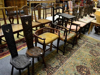 Lot 1174 - A set of five oak dining chairs; five other various chairs; and an occasional table (11)