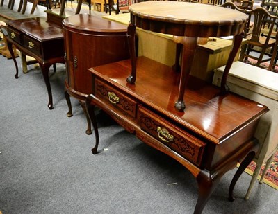 Lot 1200 - A pair of reproduction mahogany two drawer sidetables together with a reproduction demi lune...