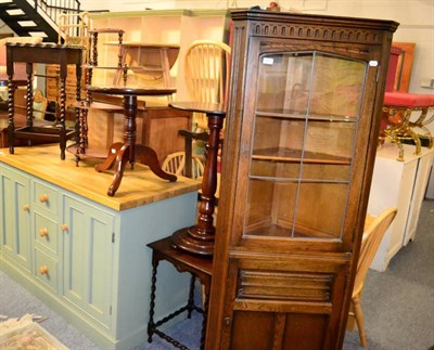 Lot 1220 - A reproduction oak corner cupboard; a mahogany circular side table; a small whatnot and three...