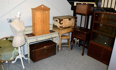 Lot 1235 - A wall cupboard, with original Army and Navy oak tool cabinet label; a painted writing desk; a...