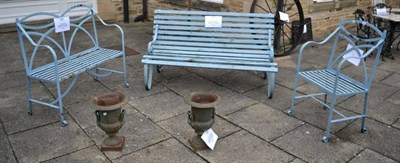 Lot 1247 - A painted metal garden bench with matching chair together with a slatted wooden garden bench...