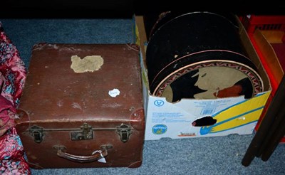 Lot 1262 - Brown Square Travelling Case, Hat Box with Floral Cotton Lining; and a Large Cardboard Hat Box, the