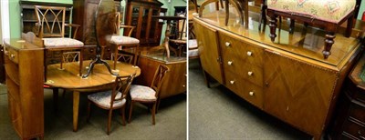 Lot 1294 - A 1930s figured walnut nine piece dining suite, labelled Gaylayde, modern decorative furniture,...