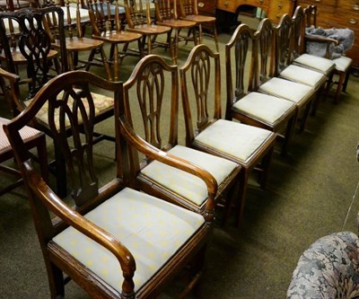 Lot 1341 - Set of seven 19th century oak chairs including one carver, together with an open armchair of...