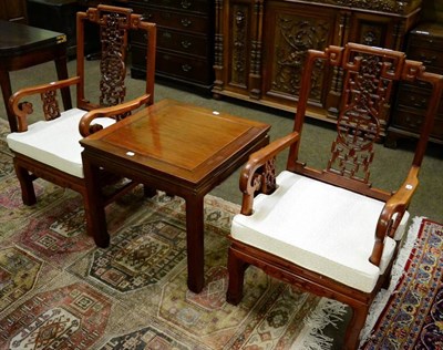 Lot 1358 - A pair of Chinese hardwood chairs and a side table