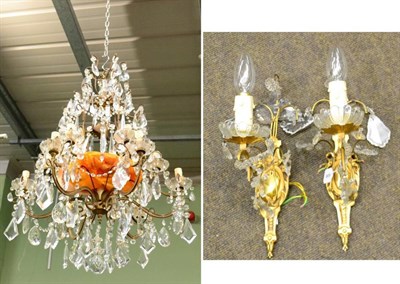 Lot 1414 - A ceiling cut glass chandelier; and two single branch wall lights, early 20th century