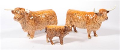 Lot 128 - Beswick Cattle Comprising: Highland Bull, model No. 2008, Highland Cow, model No. 1740 and Highland