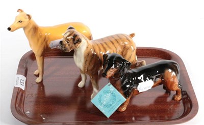 Lot 133 - Beswick Dogs Comprising: Boxer ''Blue Mountain Greta'' -Large, model No. 1202, tan gloss, Greyhound