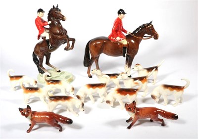 Lot 147 - Beswick Hunting Group Comprising: Huntsman, (Style Two, Standing), model No. 1501, brown gloss,...