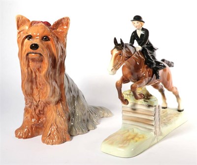 Lot 150 - Beswick Huntswoman, Style One - Rider and Horse Jumping, model No. 982, brown gloss and...