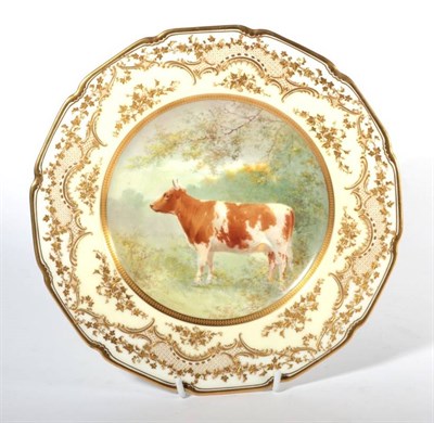 Lot 184 - A Royal Doulton Burslem Plate, painted by Charles Beresford Hopkins, with an Ayrshire cow in a...